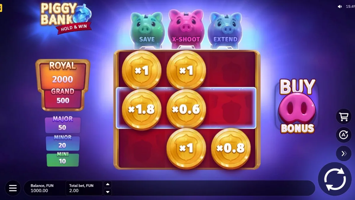Piggy Bank Hold & Win স্লট গেমের রঙিন নিওন ইন্টারফেস এবং পিগি চরিত্র